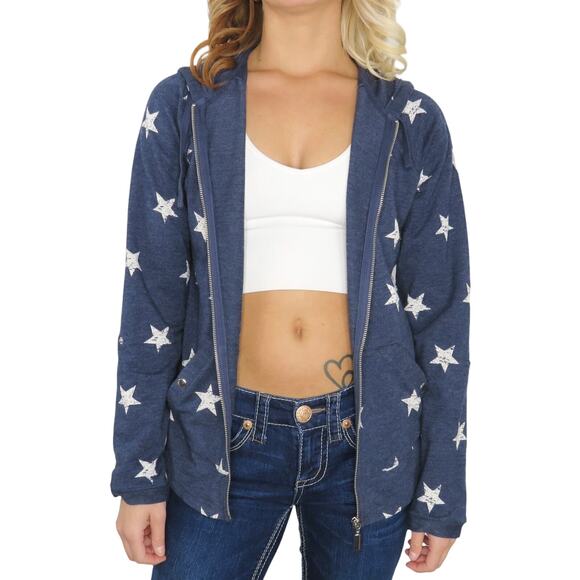 Y2k Style & Co. Navy Blue Star Pattern Patriotic Zip Up Hoodie Sweatshirt Small - Picture 7 of 9